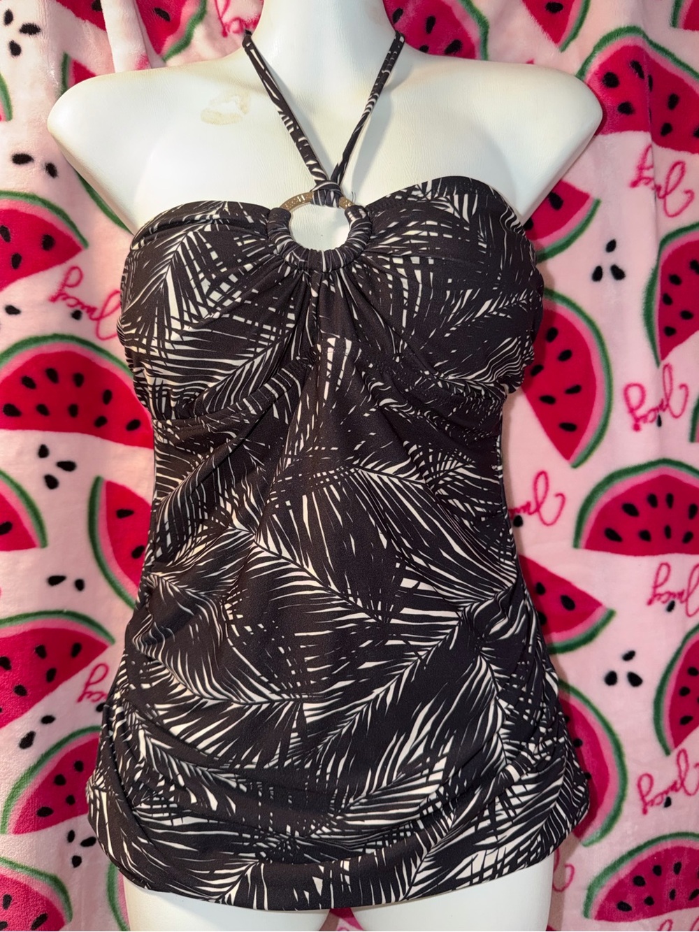 🤎 MICHAEL Michael Kors Palm-Print Halter Tankini Top with Ring Detail